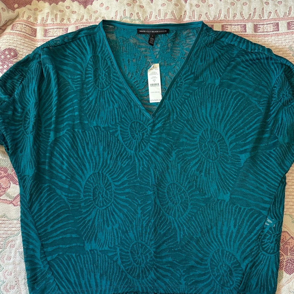 White House Black Market Teal Textured V-Neck Blouse